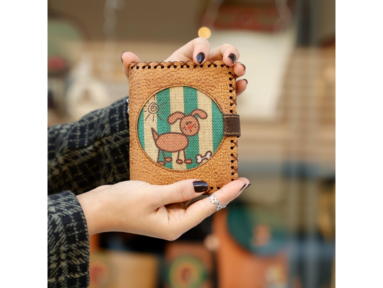 Köpek Kemik Figürlü Küçük Cüzdan Etnik Bohem Retro Style - Hardal