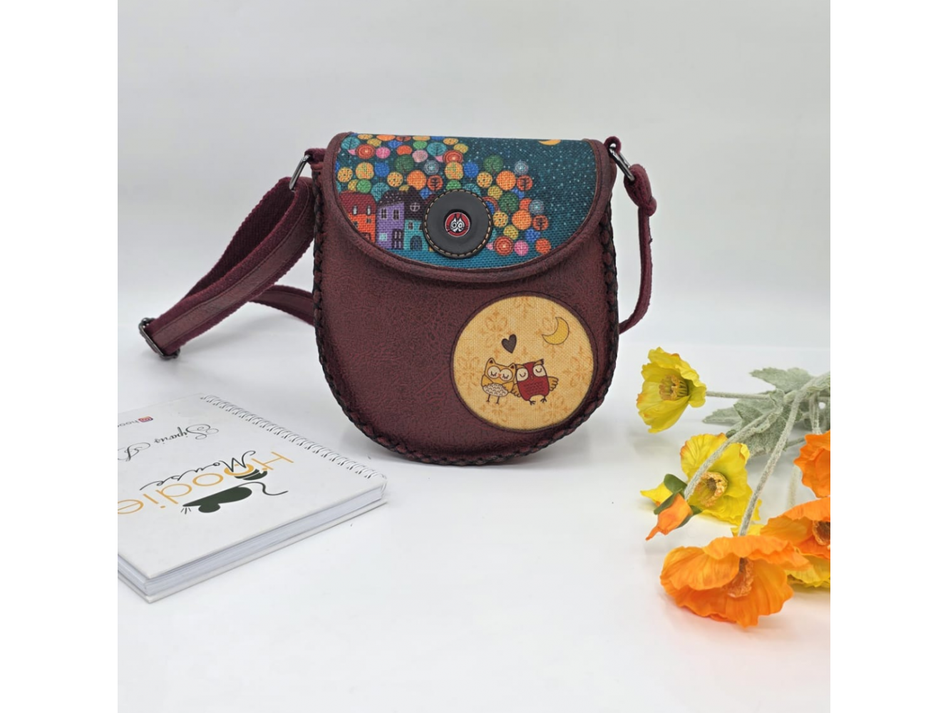Baykuş Figürlü Çapraz Örgülü Kol Çantası Etnik Bohem Style - Bordo
