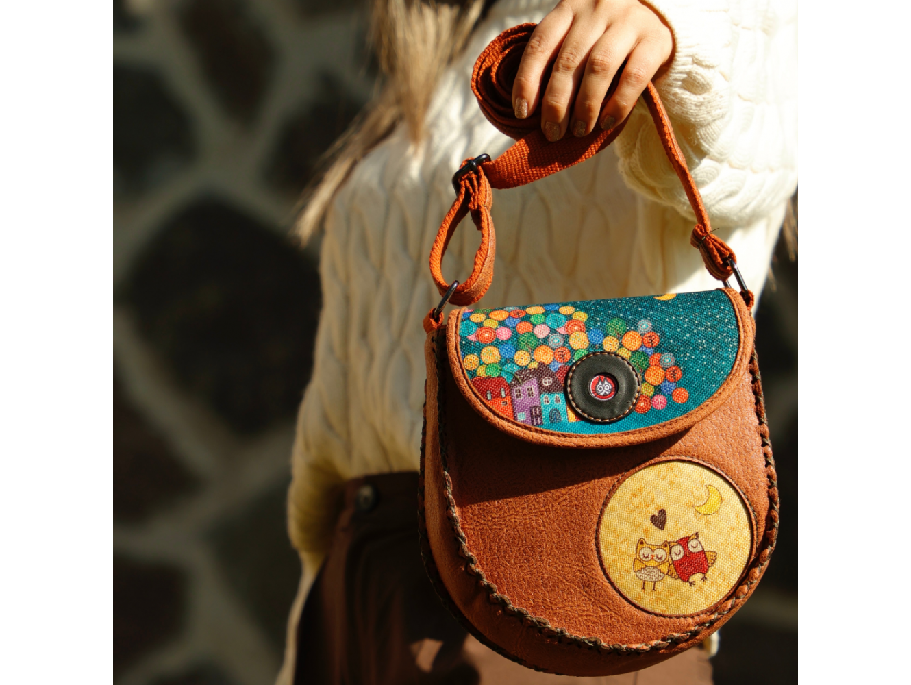 Baykuş Figürlü Çapraz Örgülü Kol Çantası Etnik Bohem Style - Taba