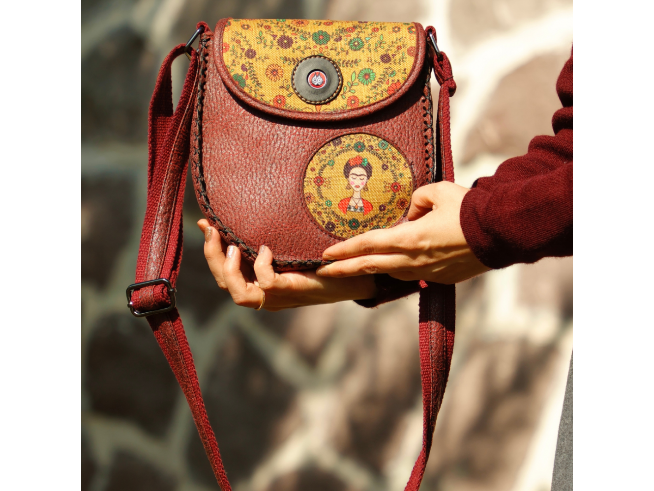 Klasik Frida Çapraz Örgülü Kol Çantası Etnik Bohem Style - Bordo