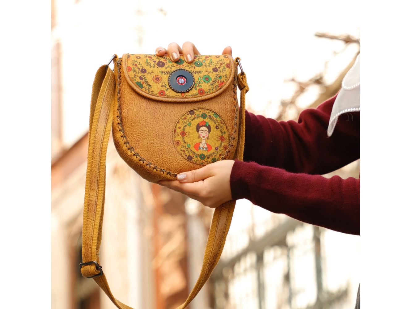 Klasik Frida Çapraz Örgülü Kol Çantası Etnik Bohem Style - Hardal