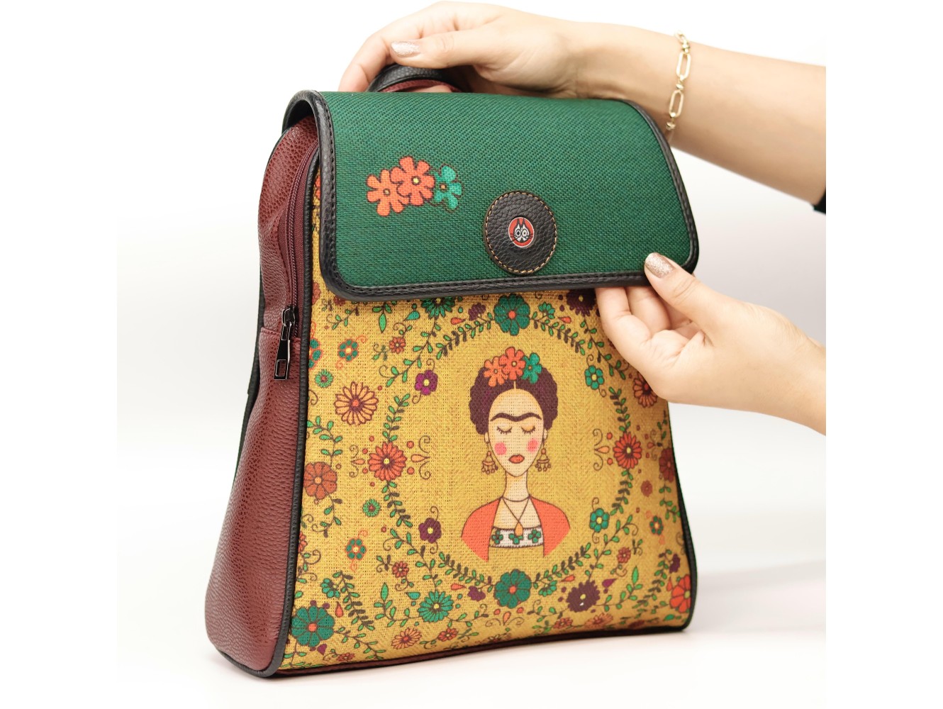 Klasik Frida Figürlü Kapaklı Sırt Çantası Etnik Bohem Style - BORDO