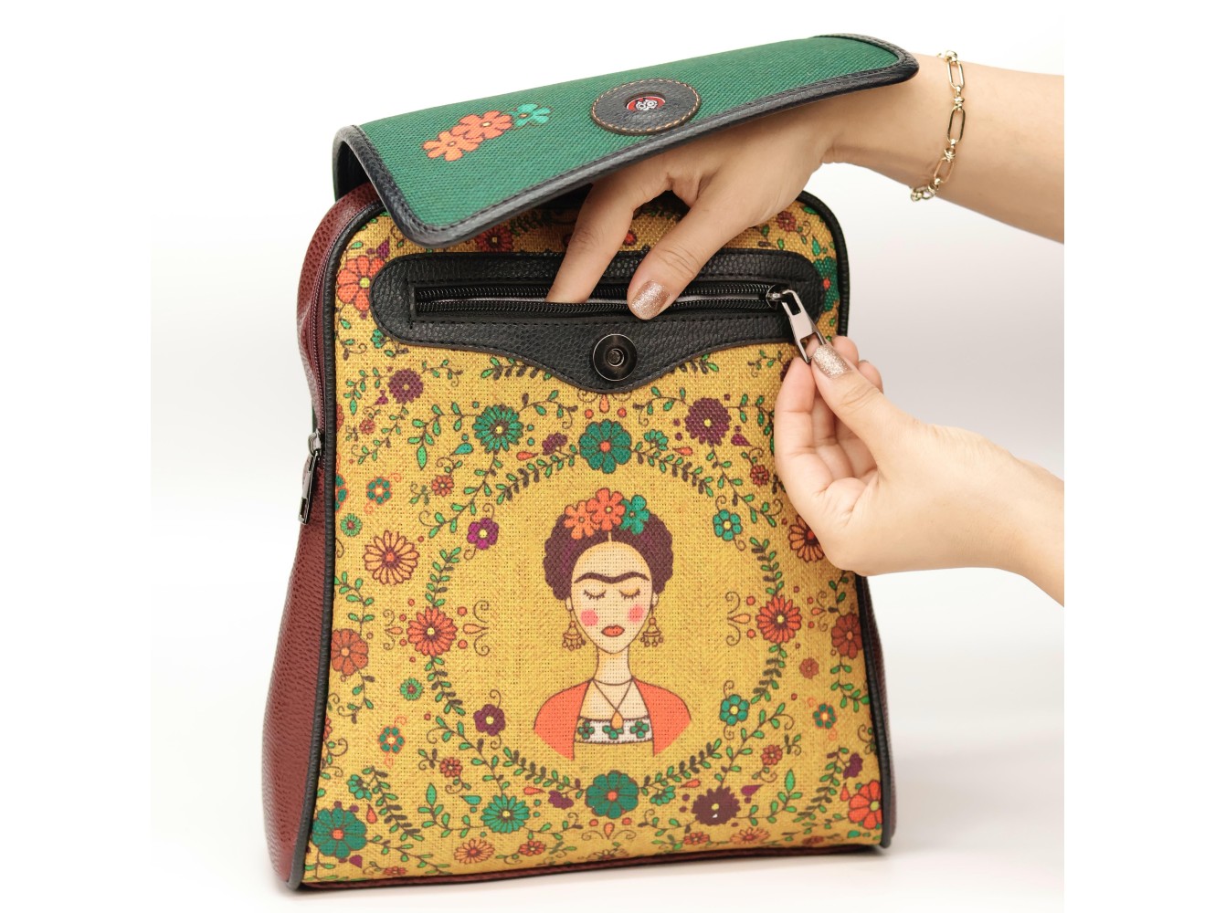 Klasik Frida Figürlü Kapaklı Sırt Çantası Etnik Bohem Style - BORDO