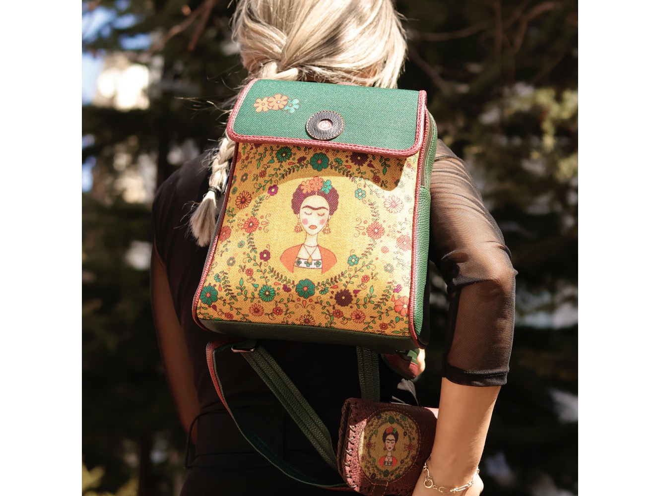 Klasik Frida Figürlü Kapaklı Sırt Çantası Etnik Bohem Style - YESİL
