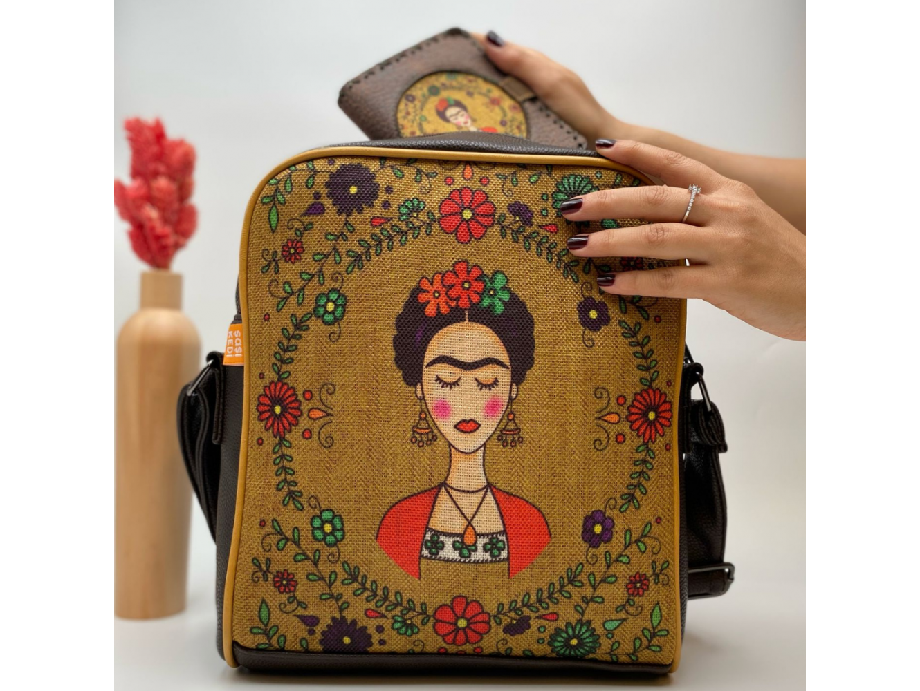 Frida Figürlü Büyük Postacı Kol Çantası Etnik Bohem Style Çanta Kahverengi Cüzdan Kahverengi Kombin