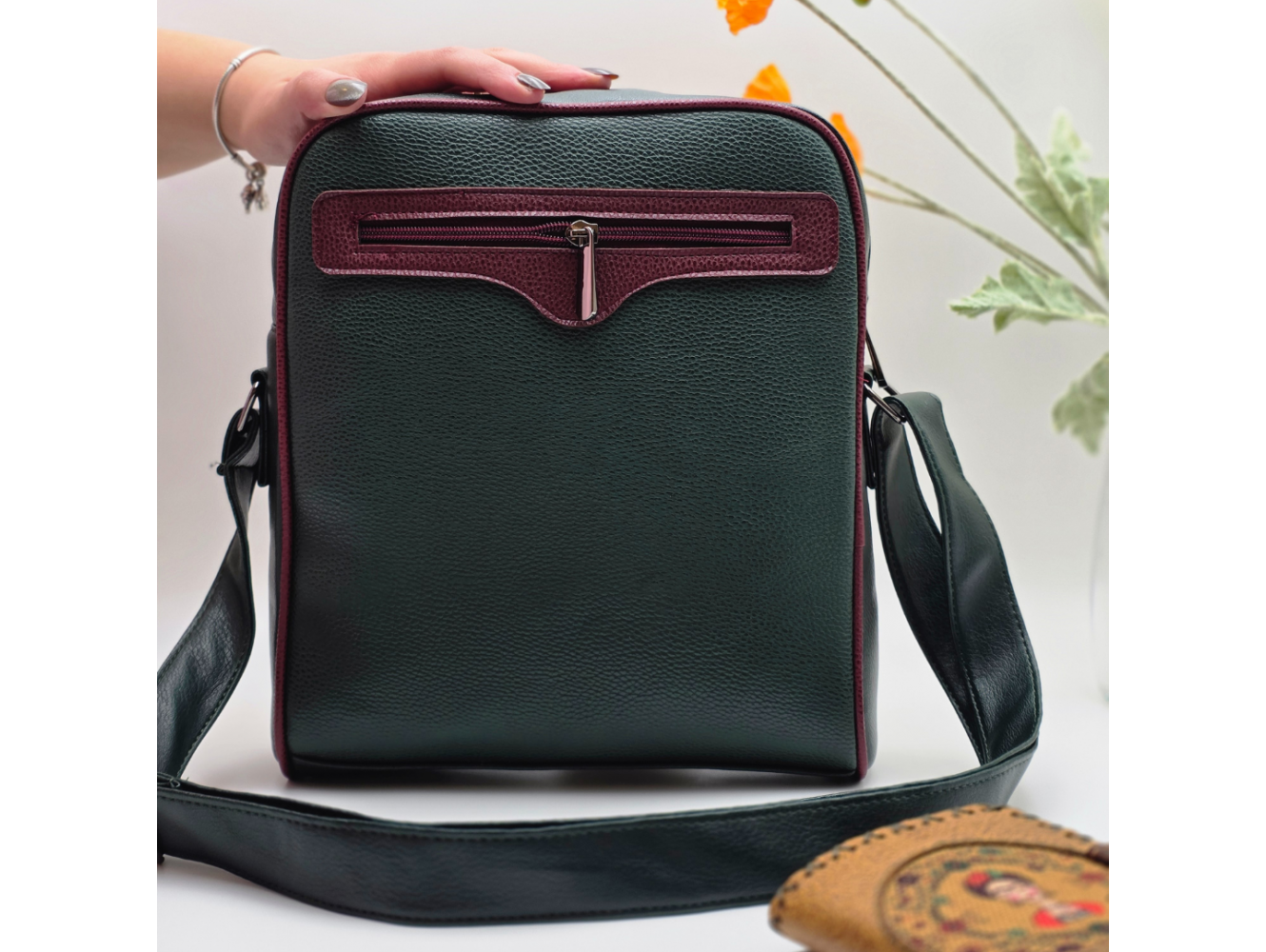 Frida Figürlü Büyük Postacı Kol Çantası Etnik Bohem Style Çanta Yesil Cüzdan Hardal Kombin