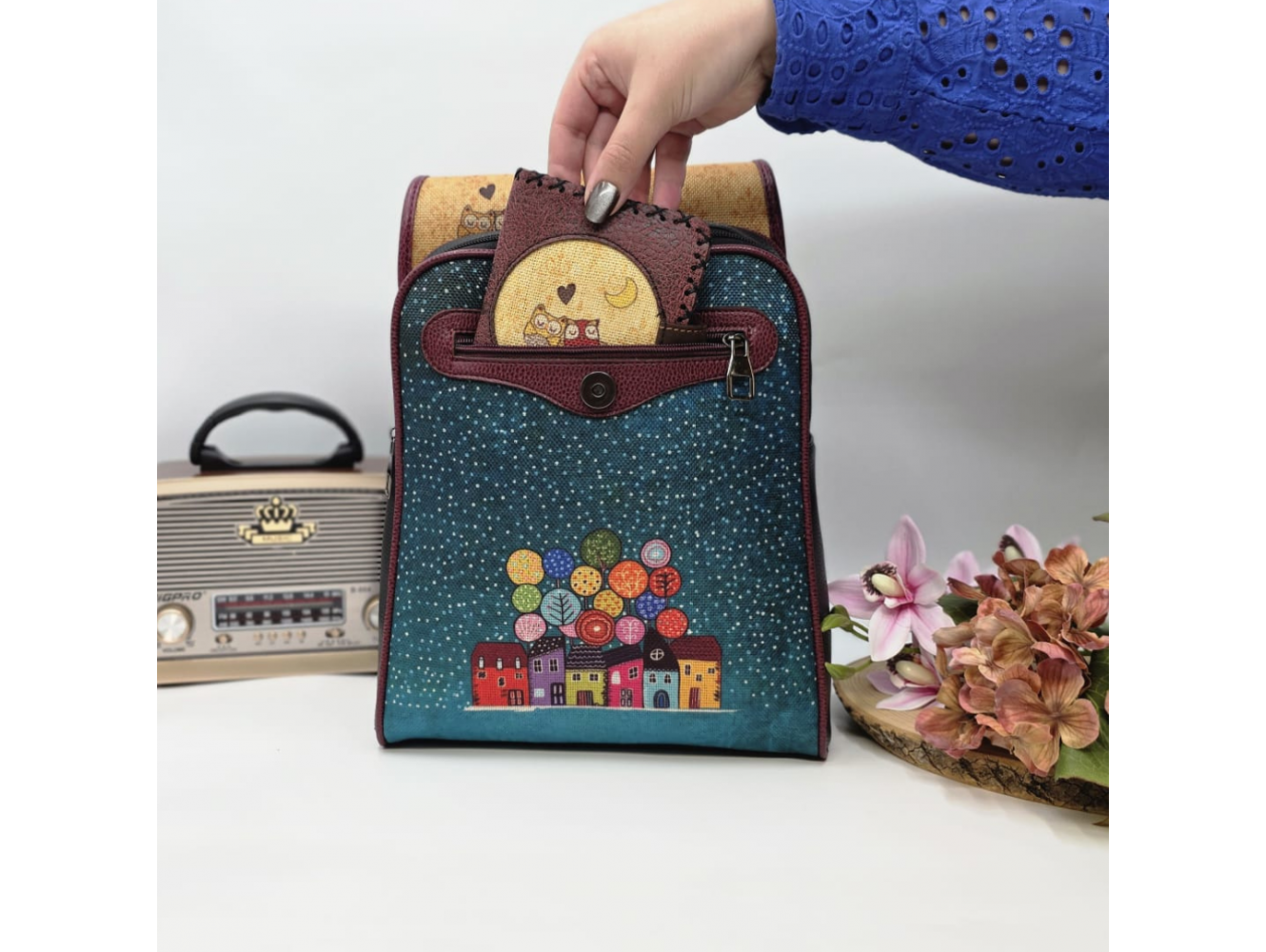 Baykuş Figürlü Kapaklı Sırt Çantası Siyah, Cüzdan Bordo Etnik Bohem Style Cüzdan Kombin