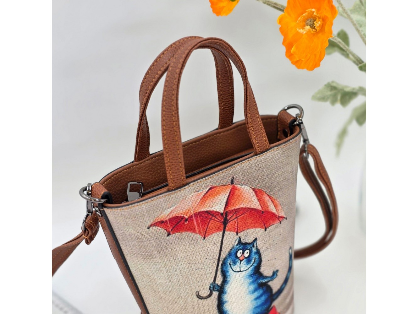 Şemsiye Tutan Kedi Tasarımlı Kova Çanta Etnik Bohem Style - TABA