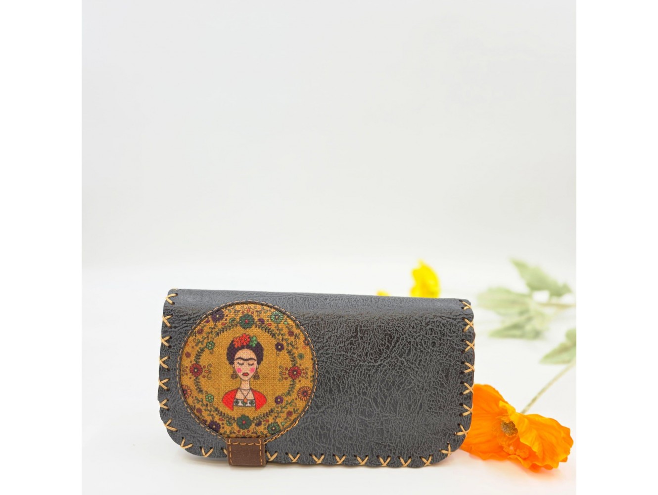 Frida Figürlü Büyük Cüzdan Etnik Bohem Retro Vintage Style - ANTRASİT