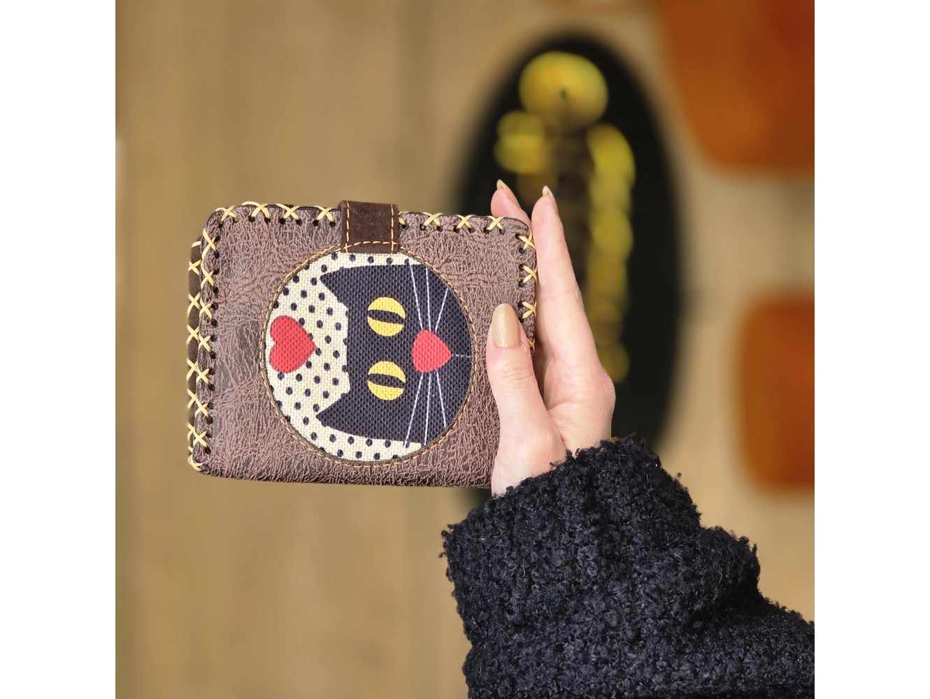 Kedi Askı Figürlü Küçük Cüzdan Etnik Bohem Retro Style - Kahve